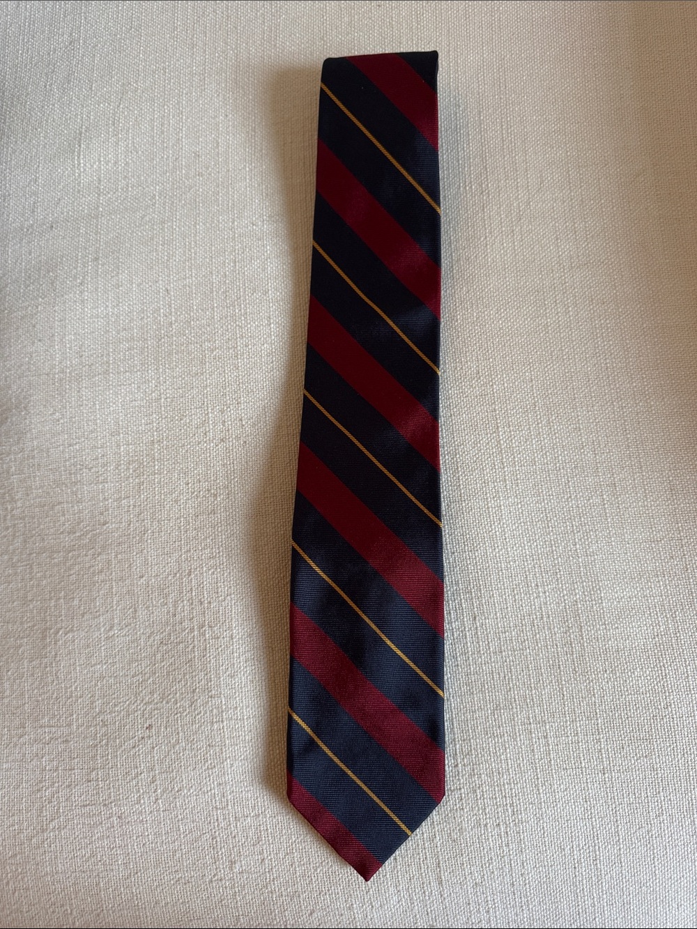 Ben Silver Men's Burgundy and Navy Striped Tie with Gold Accent